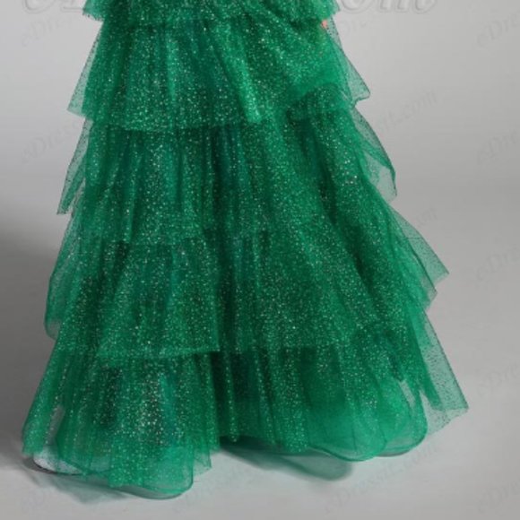 Green V-Cut Beaded Shiny Layers Party Cake Dress - Like New - Picture 6 of 11